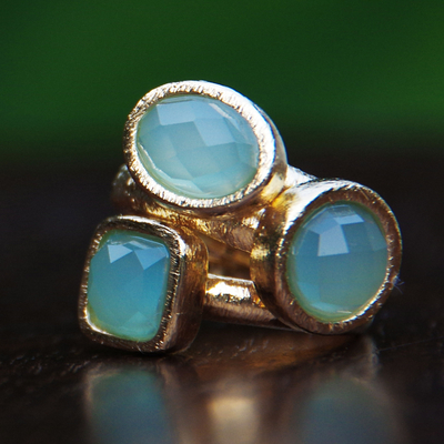 Gold plated agate stacking rings, 'Aqua Light' (set of 3) - 3 Hand Crafted Gold Plated Brazilian Aqua Agate Rings (Set)