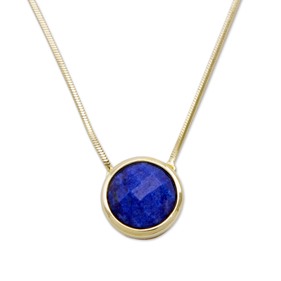 Gold plated quartz pendant necklace, 'Noronha Ocean' - Faceted Blue Quartz Gold Plated Necklace