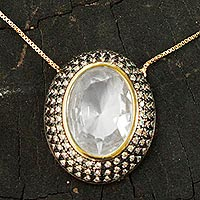 Gold plated quartz pendant necklace, 'Ipanema Mist'
