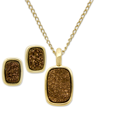 Conjunto de joyería de ágata drusa bañada en oro, 'Ventanas de Bronce' - Conjunto de Joyas Bañadas en Oro de 18 k con Ágatas Drusa Brasileñas