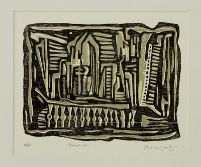 'Demolition' - Brazil Signed Woodcut Print in Black and Ochre