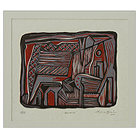 'Sunset' - Red and Black Brazil Signed Woodcut Print