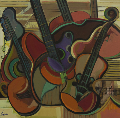 'Remembering Great Moments' - Cubist Musical Still Life Painting with Stringed Instruments
