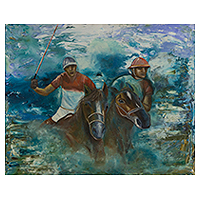 'Polo at Gavea' - Original Signed Brazilian Painting of Polo Players
