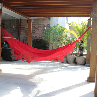 Cotton hammock with spreader bars, 'Tropical Red' (single) - Red Hand Woven Cotton Hammock with Spreader Bar (Single)