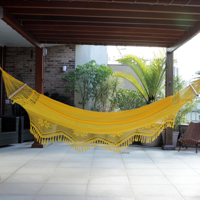 Cotton hammock with spreader bars, 'Tropical Yellow' (single) - Cotton Hammock with Crocheted Fringe Spreader Bar (Single)