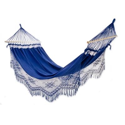 Cotton hammock with spreader bars, 'Tropical Blue' (single) - Blue Cotton Hammock with Crocheted Fringe (Single)