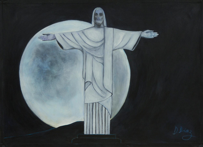 'Christ the Redeemer and the Moon' - Original Signed Painting of Christ the Redeemer Stature