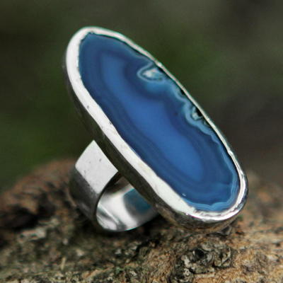 Agate cocktail ring, 'Sea Blue Mystique' - Blue Agate on Sterling Silver Cocktail Ring from Brazil