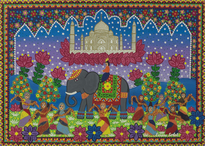 Hermosa historia de amor taj mahal' - Pintura naif brasileña del Taj Mahal