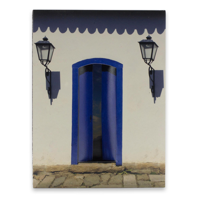 Photo collage, 'House with a Blue Door' - Brazilian Photograph Collage in White and Blue