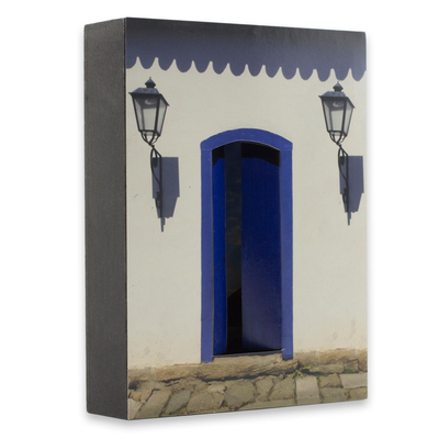 Photo collage, 'House with a Blue Door' - Brazilian Photograph Collage in White and Blue