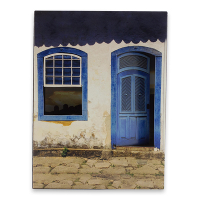 Photo collage, 'House of Blue Portals' - Color Photograph Collage Mounted on Wood