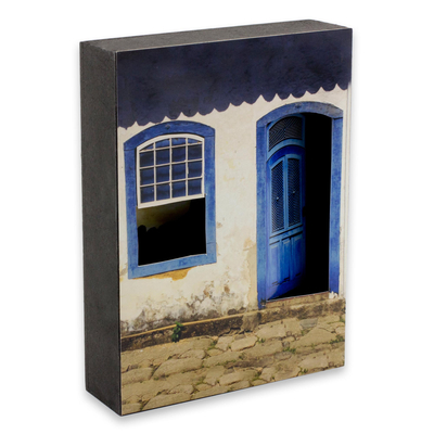 Photo collage, 'House of Blue Portals' - Color Photograph Collage Mounted on Wood