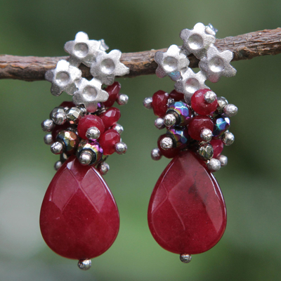 Red Jade Earrings with Pyrite and Rhodium Plated Flowers - Flowering ...