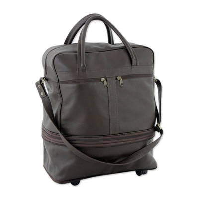 Expandable leather wheeled travel bag, 'Style Traveler' - Dark Brown Leather Collapsible Travel Bag with Pockets