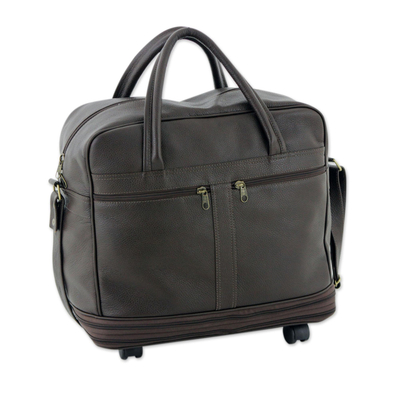 Erweiterbare Reisetasche aus Leder mit Rollen - Dunkelbraune, faltbare Reisetasche aus Leder mit Taschen