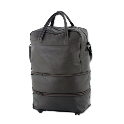 Bolsa de viaje con ruedas de piel extensible - Bolso de viaje plegable de cuero marrón oscuro con bolsillos