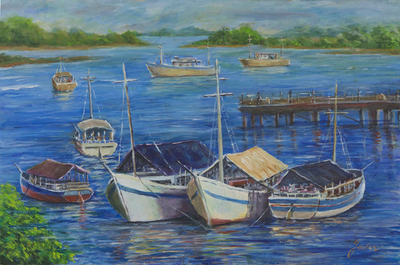 'Boats in Porto Seguro' - Original Signed Brazilian Seascape Painting