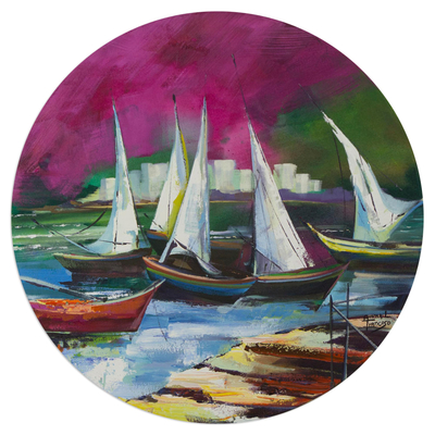 'Sailboats' - Signed Stretched Round Painting of Sailboats in Rio