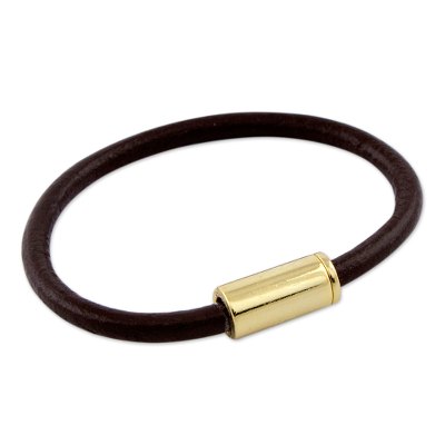 Men's leather bracelet, 'Gold Trendsetter Spirit Brown' - Men's Jewelry Brown Leather Bracelet with Golden Clasp