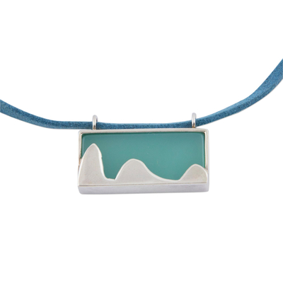 Leather and agate pendant necklace, 'Pão de Açucar in Green' - 925 Silver Rio Landmark on Green Pendant on Leather Necklace