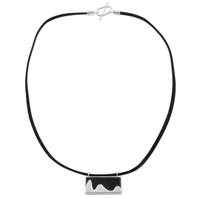 Leather and agate pendant necklace, 'Pão de Açucar in Black' - 925 Silver Brazilian Landmark on Agate and Leather Necklace