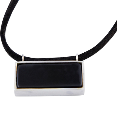 Leather and agate pendant necklace, 'Pão de Açucar in Black' - 925 Silver Brazilian Landmark on Agate and Leather Necklace