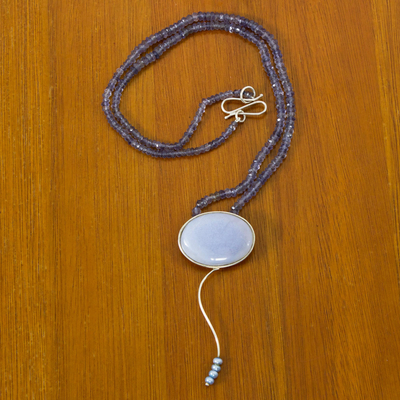 Cultured pearl and iolite pendant necklace, 'Rio Empress' - Artisan Crafted Iolite Beaded Necklace with Agate Pendant