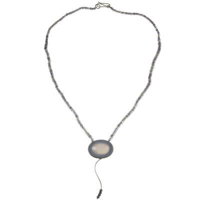 Cultured pearl and iolite pendant necklace, 'Rio Empress' - Artisan Crafted Iolite Beaded Necklace with Agate Pendant