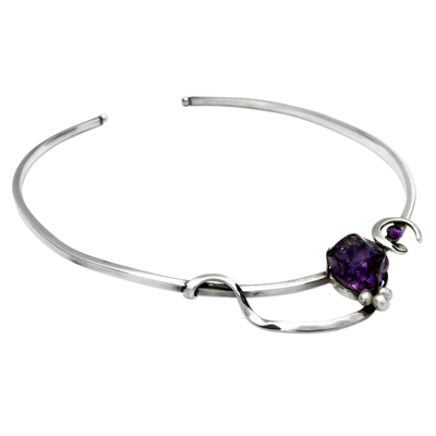 Cultured peals and amethyst choker, 'Beautiful Mystique' - Modern Brazilian 925 Silver Choker with Pearls and Amethyst
