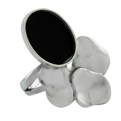 Cocktailring aus schwarzem Achat, 'Blühender Achat'. - Kunsthandwerklich gefertigter Ring aus Sterlingsilber und schwarzem Achat