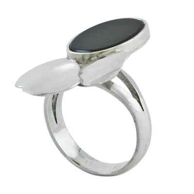 Black agate cocktail ring, 'Blooming Agate' - Artisan Crafted Sterling Silver and Black Agate Ring