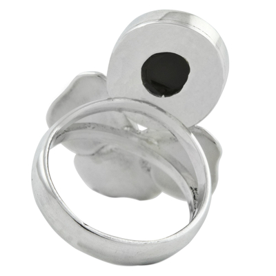 Black agate cocktail ring, 'Blooming Agate' - Artisan Crafted Sterling Silver and Black Agate Ring