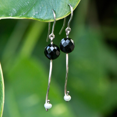 Pendientes colgantes de ágata y perlas cultivadas - Pendientes de gancho de plata de ley 925 con ágata negra y perla blanca