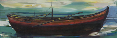 'Nostalgia' - Pintura original en lienzo alargado de un barco en Brasil