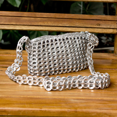 Soda pop-top cell phone bag, 'Silver Mini Charm' - Crochet Aluminum Pop-Top Cell Phone Bag with Strap