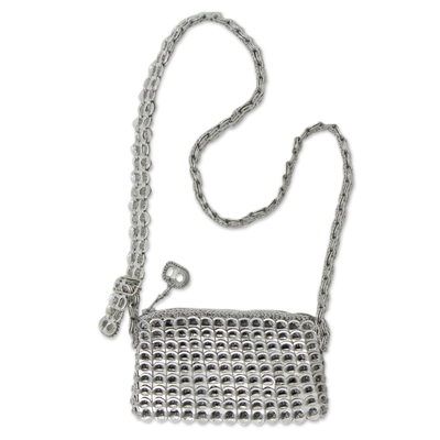 Soda pop-top cell phone bag, 'Silver Mini Charm' - Crochet Aluminum Pop-Top Cell Phone Bag with Strap