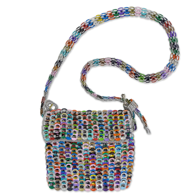 Soda pop-top shoulder bag, 'Carnaval in Grey' - Colorful Pop Top Crocheted Grey Shoulder Bag from Brazil