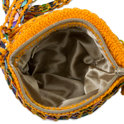 Soda pop-top shoulder bag, 'Carnaval in Yellow' - Crocheted Yellow Shoulder Bag of Multi-Color Pop Tops
