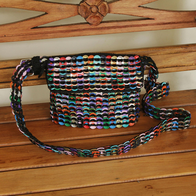 Soda pop-top shoulder bag, 'Carnaval in Black' - Black Shoulder Bag Crocheted of Multi-Color Pop Tops