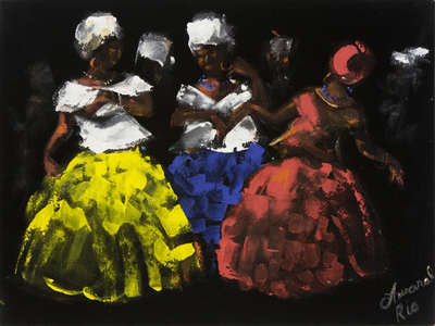 'Baianas I' - Pintura de mujeres de Bahía sobre terciopelo negro Pintura firmada