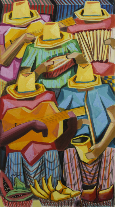 'Musicians at the Fruit Market' - Brazilian Multicolor Painting of Musicians Signed by Artist