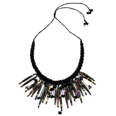 Recycled paper and hematite waterfall necklace, 'Iguazu Muse' - Recycled Paper and Gemstone Waterfall Necklace from Brazil