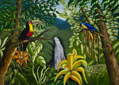'Bosque Tropical' - Tucanes y guacamayos en la pintura del bosque tropical brasileño