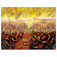 'En el campo' - Pintura de paisaje rural de Brasil expresionista dorado