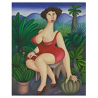 'Woman in Red in the Garden' (2004) - Beautiful Woman in Red in Deep Green Brazilian Garden