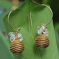 Crystal and golden grass dangle earrings, 'Crystal Spheres'