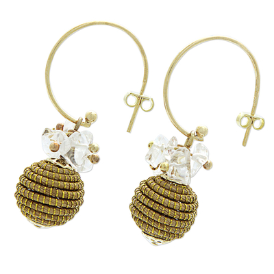 Crystal and golden grass dangle earrings, 'Crystal Spheres' - Fair Trade Crystal Accented Golden Grass Dangle Earrings