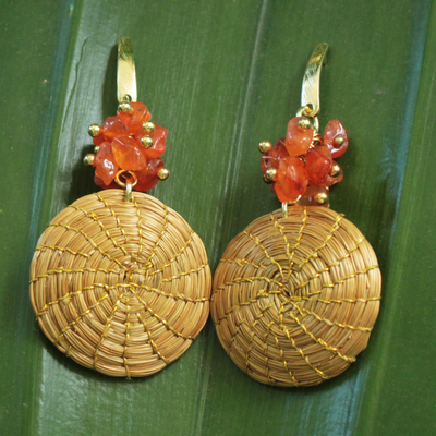 Agate and golden grass dangle earrings, 'Golden Discus' - Hand Crafted Agate and Golden Grass Dangle Earrings